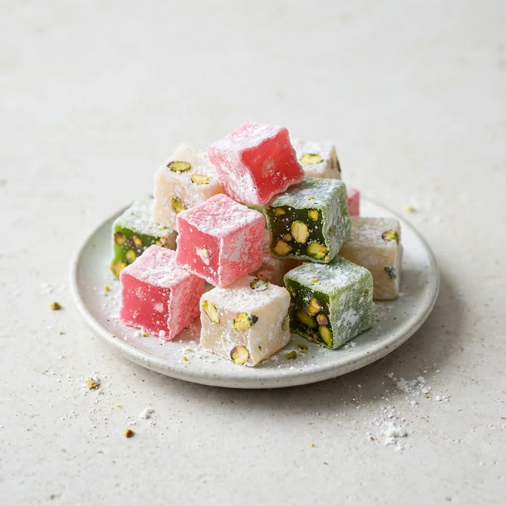 Turkish delight dusted with icing sugar, some with pistachio