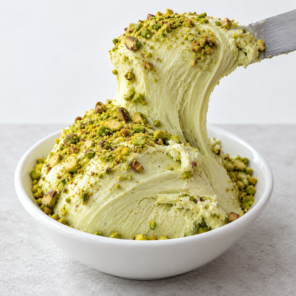 Thick pistachio ice cream being cut into a bowl with a knife