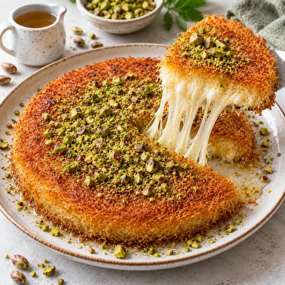 Kunafa with the cheese stretching from a lifted slice