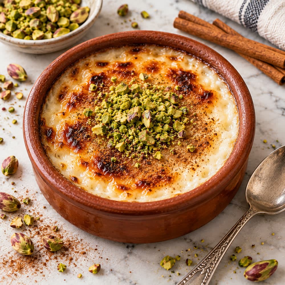 Baked rice pudding in a clay dish with pistachio