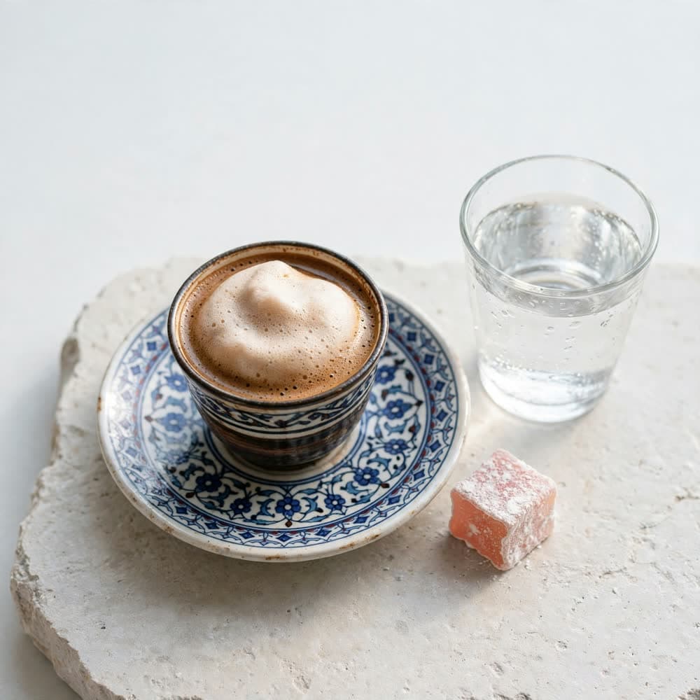 Turkish coffee with thick foam, served with water and a sweet