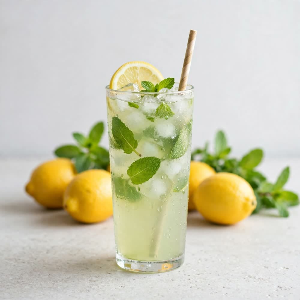 Mint lemonade over crushed ice with lemon and mint