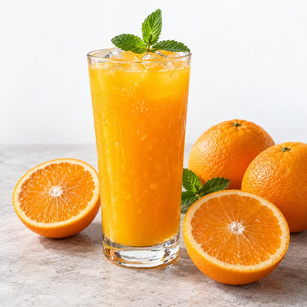 A glass of fresh orange juice beside halved oranges