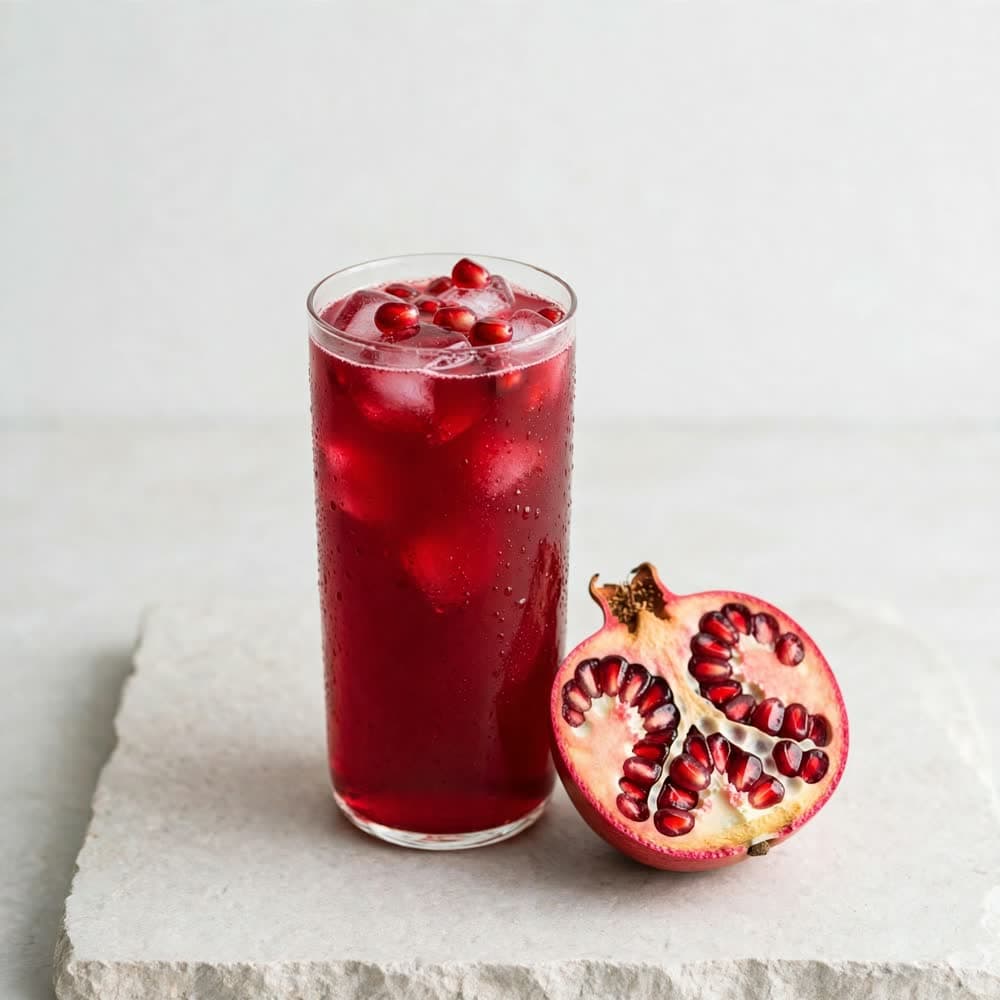 A glass of pomegranate juice beside half a pomegranate
