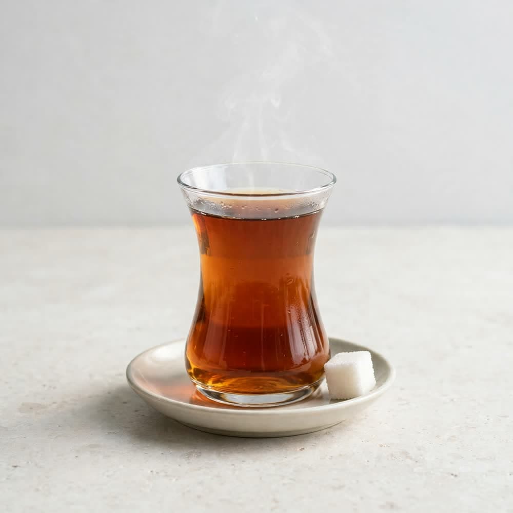 A tulip glass of Turkish tea, steaming, with a sugar cube