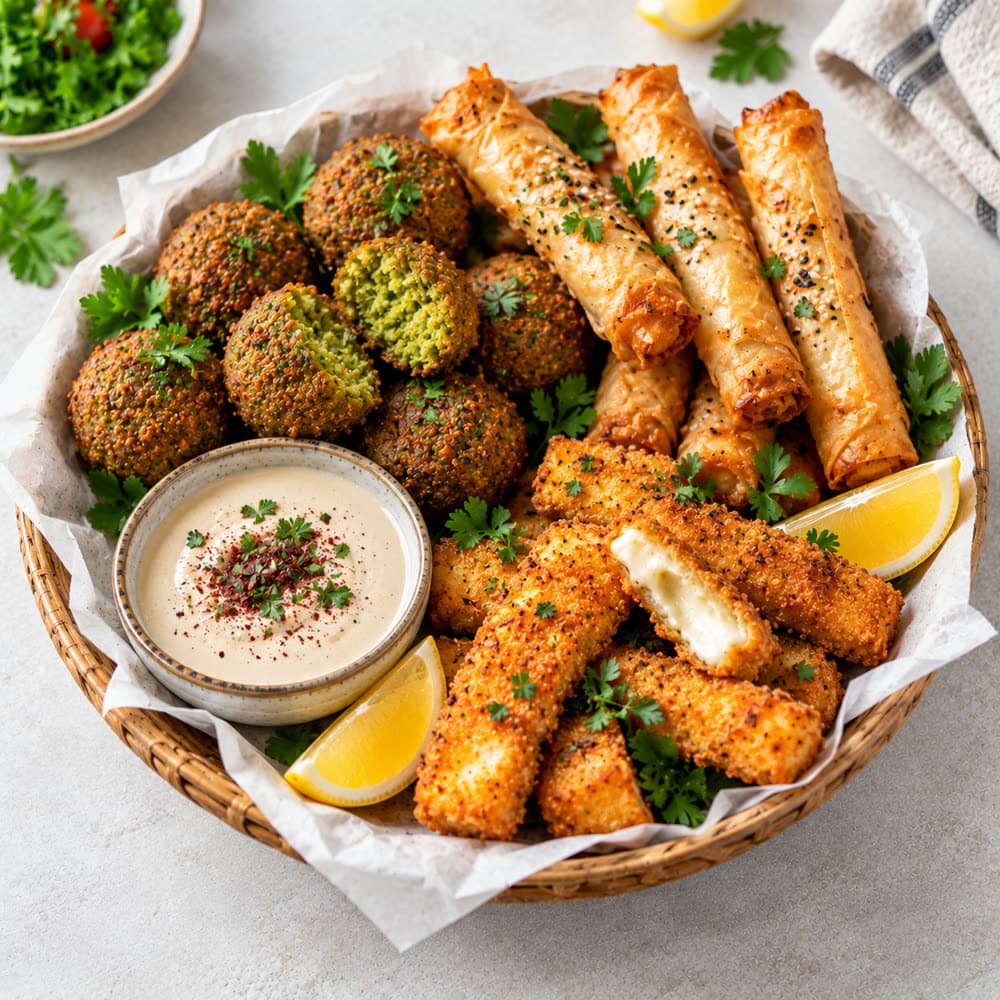 Falafel, borek and halloumi fries in a basket with tahini