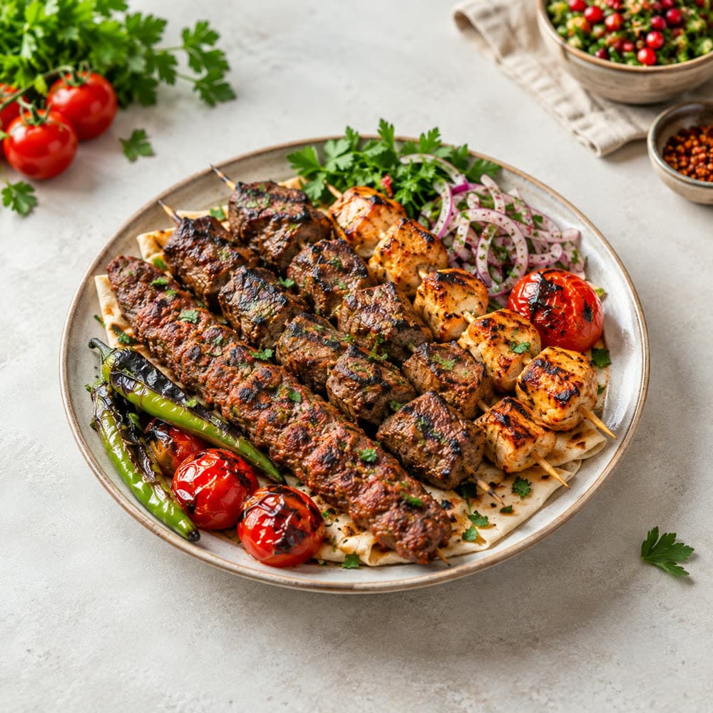 A mixed grill of lamb and chicken skewers on flatbread