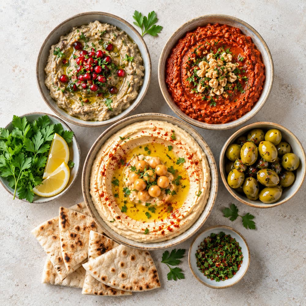 Bowls of hummus, baba ganoush and muhammara with flatbread