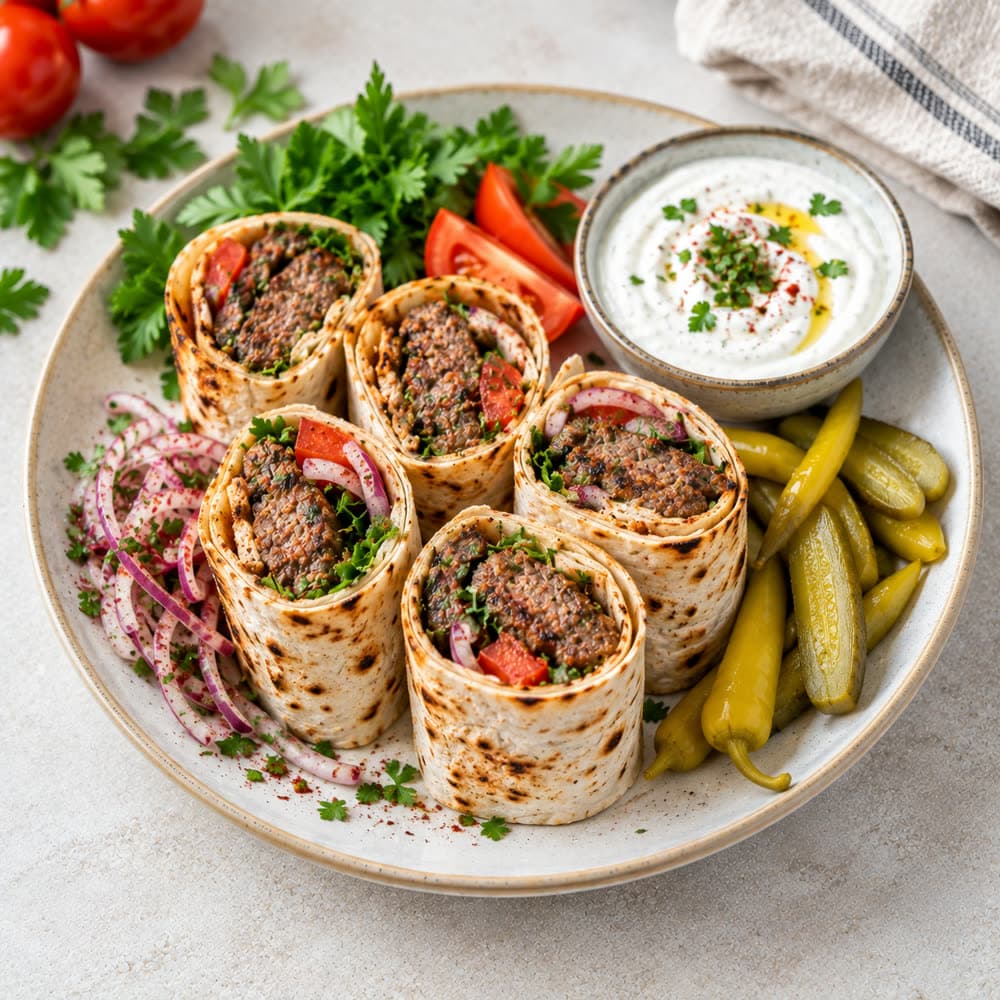 Lavash rolls of minced lamb, cut and stood upright with pickles