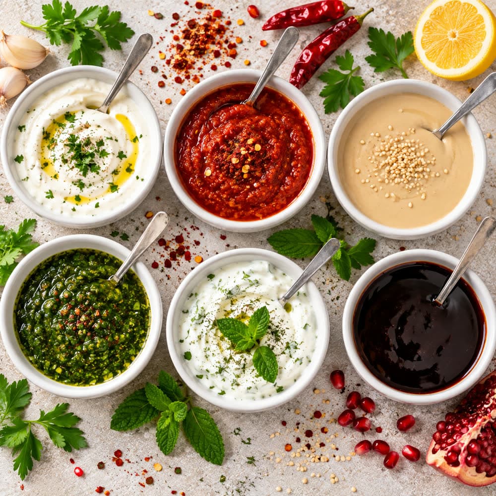 Six sauces in small bowls: garlic, chilli, tahini, herb, mint yoghurt and pomegranate