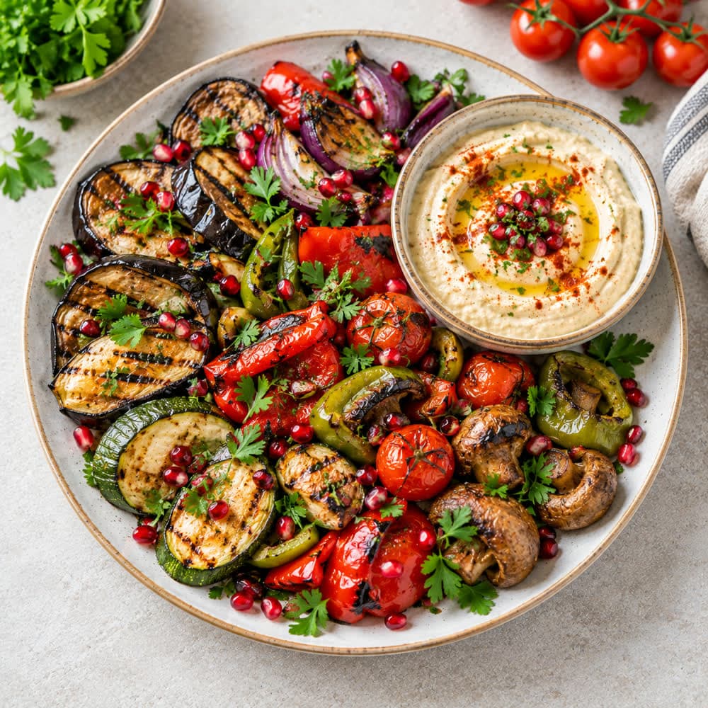 A grilled vegetable platter with hummus and pomegranate