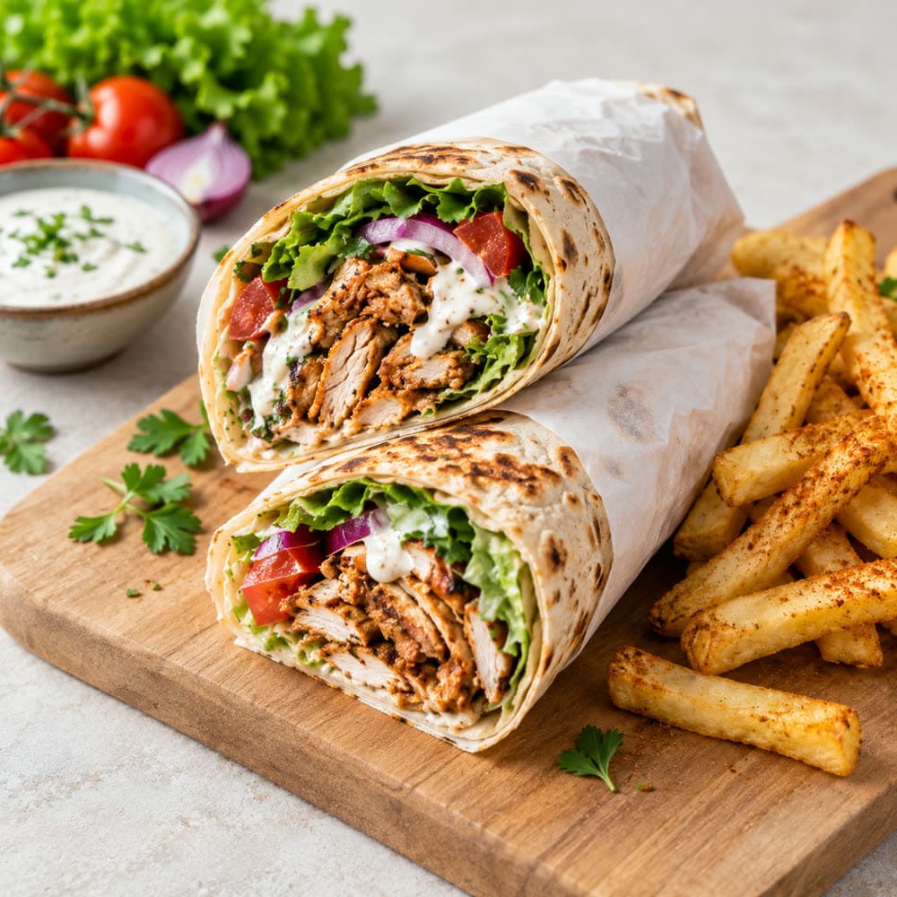 Two chicken shawarma wraps cut open, with chips