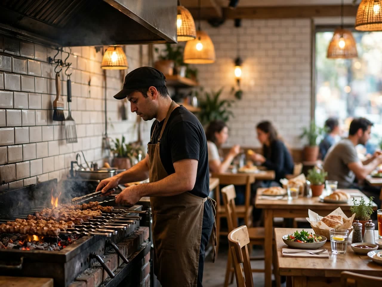 The room during service: the grill along one wall, tables filling up