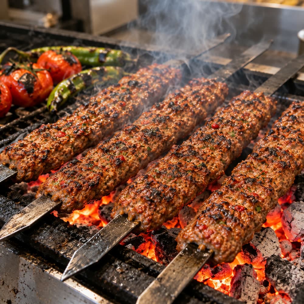 Skewers cooking over the coals at the pass