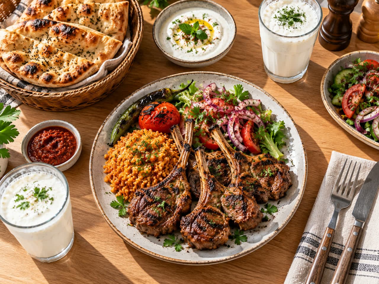 A table laid with lamb chops, bread, salad and ayran
