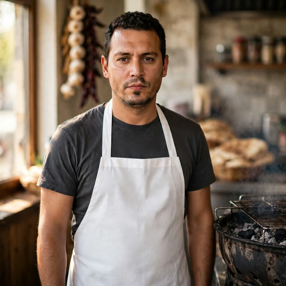 The grill cook in a white apron beside the charcoal
